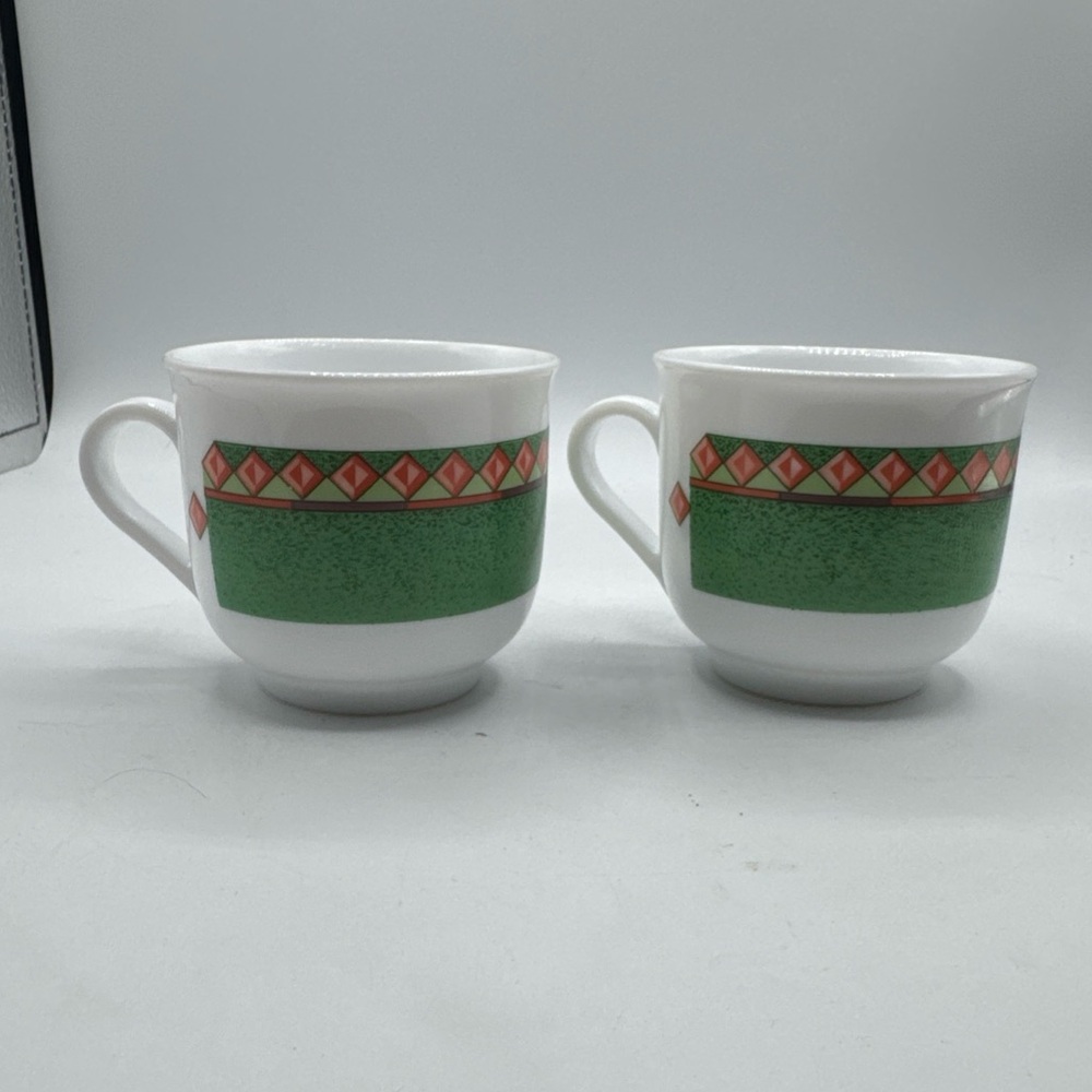 Arcopal France Milk Glass Green Geometric Pattern Teacups